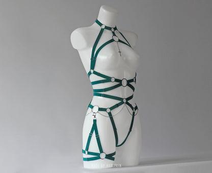 Rave harness bra with a cross pendant